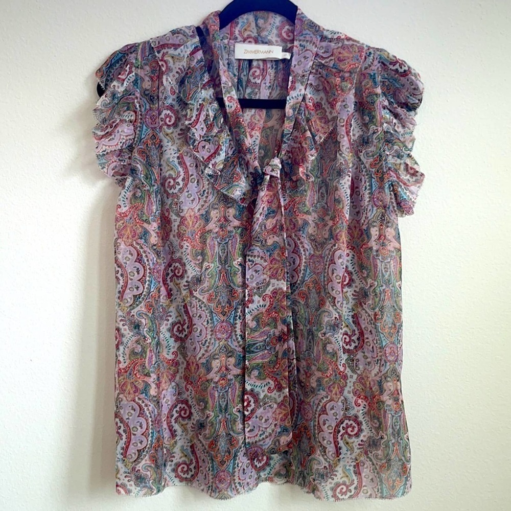 Zimmermann Multicolor Paisley Silk Ruffle Tie-Neck Blouse